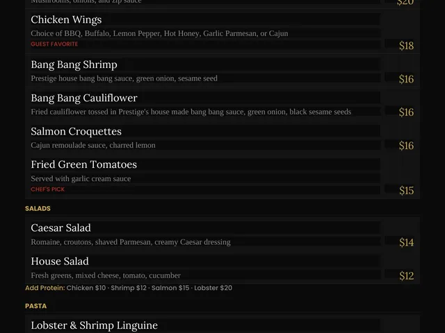 The Prestige dinner menu listing appetizers, salads, pasta, descriptions, options, and prices