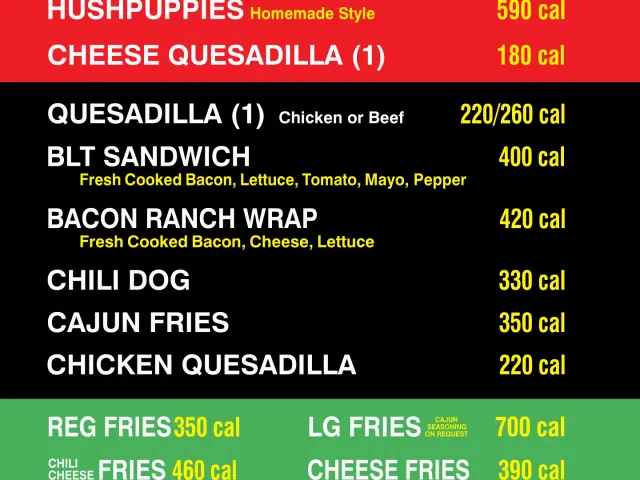 Cook Out official menu board listing barbecue, hot dogs, quesadillas, wraps, fries, onion rings, and cheese bites