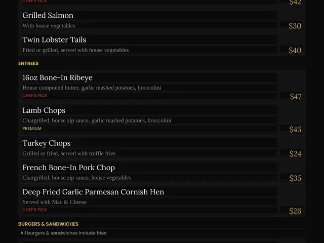 The Prestige dinner menu listing pasta, seafood, entrees, burgers, sandwiches, descriptions, options, and prices