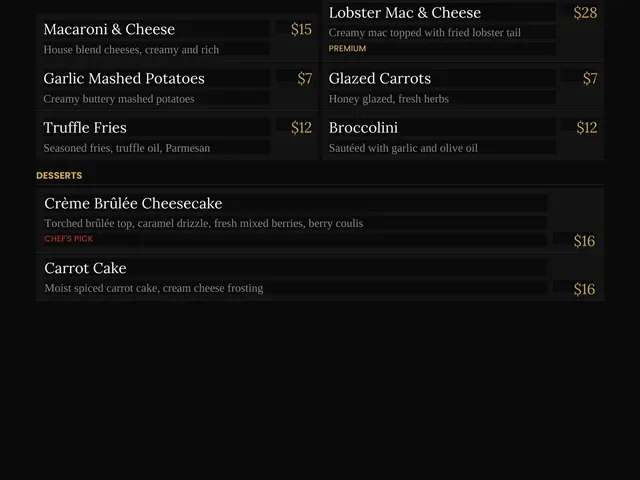 The Prestige dinner menu listing sandwiches, sides, desserts, descriptions, and prices