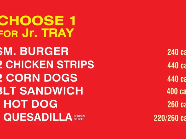 Cook Out official junior tray menu board listing six entree choices