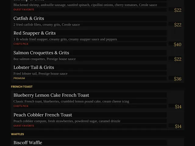 The Prestige brunch menu listing grits dishes, French toast, waffles, descriptions, and prices