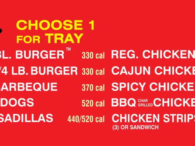 Cook Out official tray menu board listing burgers, barbecue, hot dogs, quesadillas, and chicken choices