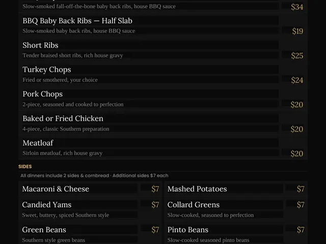 The Prestige Soul Food Sunday menu listing mains, included sides, descriptions, and prices