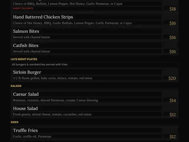 The Prestige late-night menu listing wings, small bites, plates, salads, sides, options, descriptions, and prices