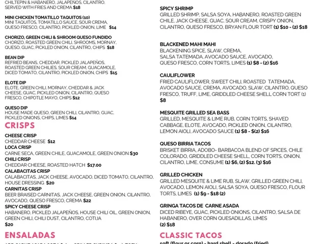 Printed El Torero menu page listing starters & bar food, crisps, ensaladas, tacos and classic tacos with prices