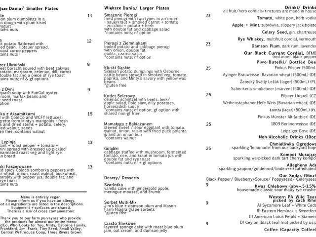 Apteka printed menu of vegan Central and Eastern European smaller plates, larger plates, desserts, and drinks