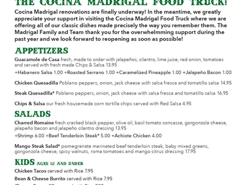 Cocina Madrigal food truck menu page 1: appetizers, salads, kids and drinks