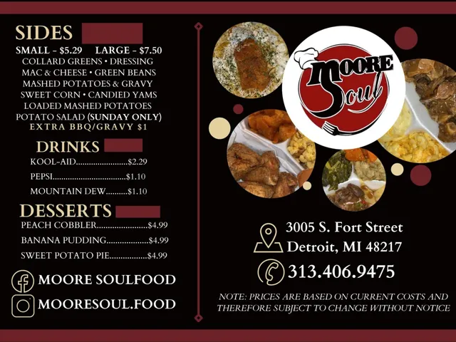 Mooresoul Food complete menu page listing side sizes, sides, drinks, desserts, prices, address, and phone