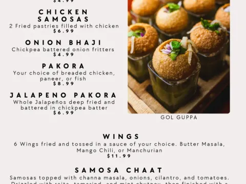 Thali of India appetizer menu with samosas, bhaji, pakora, wings, samosa chaat, and gol guppa