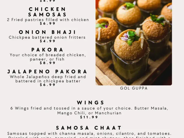 Thali of India appetizer menu with samosas, bhaji, pakora, wings, samosa chaat, and gol guppa