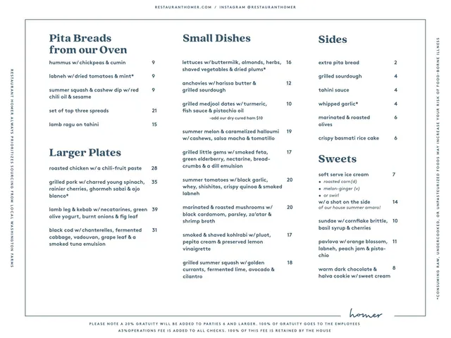 Homer food menu with pita breads, larger plates, small dishes, sides, and sweets