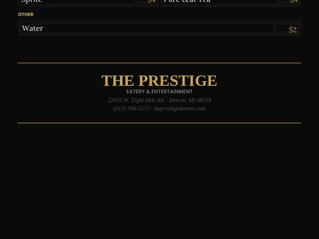 The Prestige beverage menu listing Coke products, tea, water, and prices