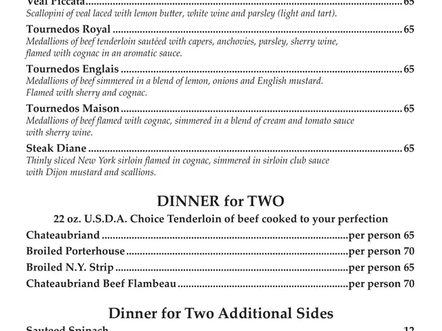 Mario's Northern Italian Cuisine dinner menu page listing tableside house specialties, dinner-for-two choices, and sides with prices