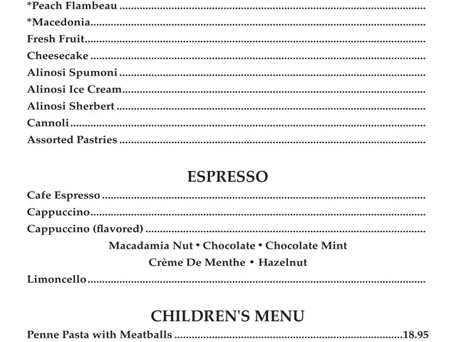 Mario's Northern Italian Cuisine menu page listing desserts, espresso drinks, flavored cappuccino options, limoncello, and children's meals