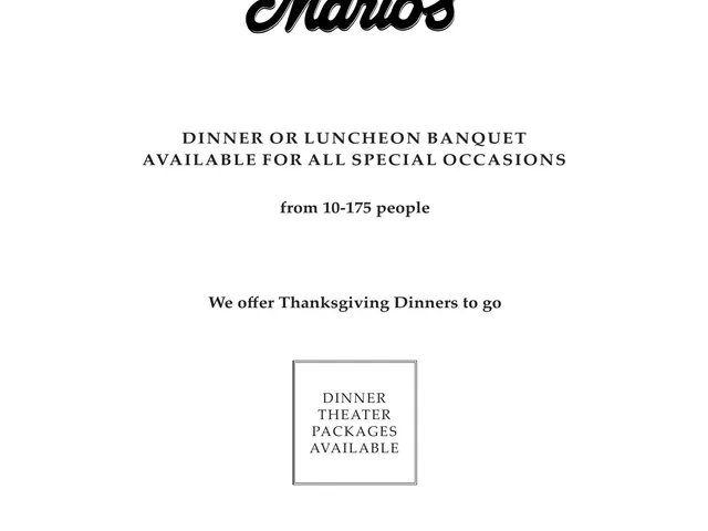 Mario's Northern Italian Cuisine menu page describing banquet, Thanksgiving dinner, dinner theater, and wine-list offerings