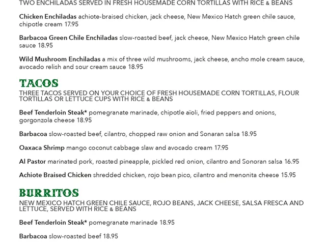 Cocina Madrigal food truck menu page 2: enchiladas, tacos and burritos