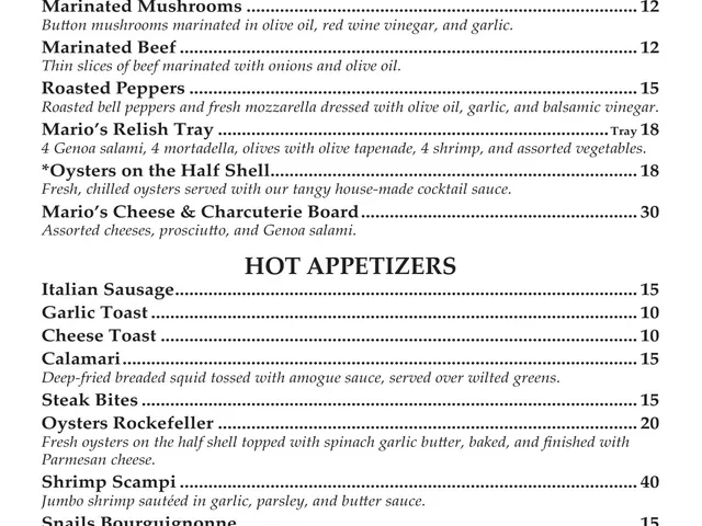 Mario's Northern Italian Cuisine dinner menu page listing chilled and hot appetizers with descriptions and prices