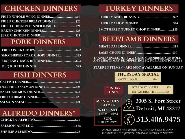 Mooresoul Food complete menu page listing chicken, pork, fish, Alfredo, turkey, beef, lamb, Thursday, and Sunday dinners with prices and conditions