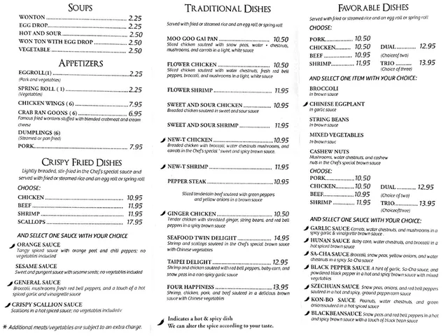 Taipei South takeout menu page with soups, appetizers, crispy fried choices, traditional dishes, and favorable dishes with protein and sauce options