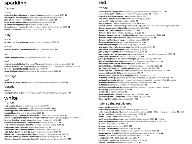 Win Son wine and spirits menu page 2 of 4, listing sparkling, white, and red wines