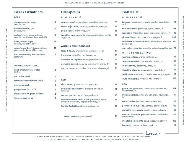 Homer beer, house soda, wine by the glass, and wine bottle menu