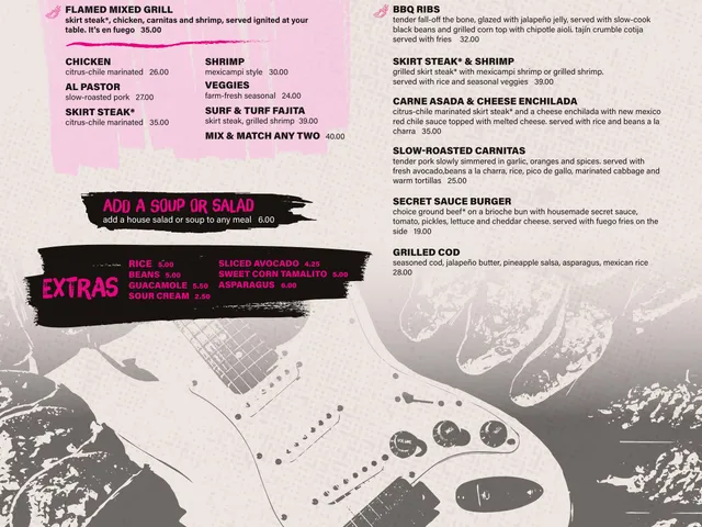 Pink Taco Boston food menu page 2 listing fajitas, extras, soups and salads add-on, and mesquite-grilled entrées with descriptions, options, and prices