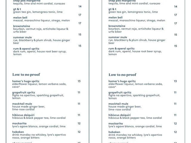 Homer cocktails and low-to-no-proof drinks menu