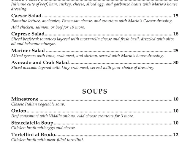 Mario's Northern Italian Cuisine dinner menu page listing salads and soups with descriptions, options, and prices