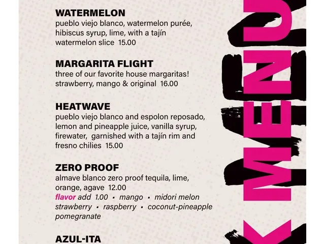 Pink Taco Boston drinks menu page 1 listing handcrafted margaritas, flavor options, ingredients, pitcher option, and prices