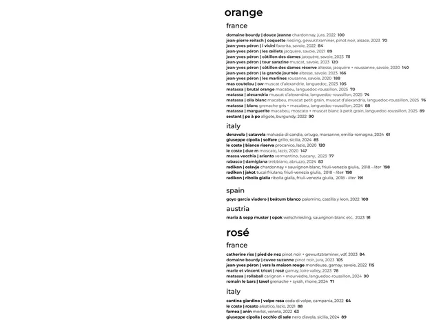 Win Son wine and spirits menu page 4 of 4, listing orange and rosé wines
