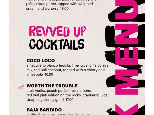 Pink Taco Boston drinks menu page 2 listing signature margaritas and cocktails with ingredients and prices