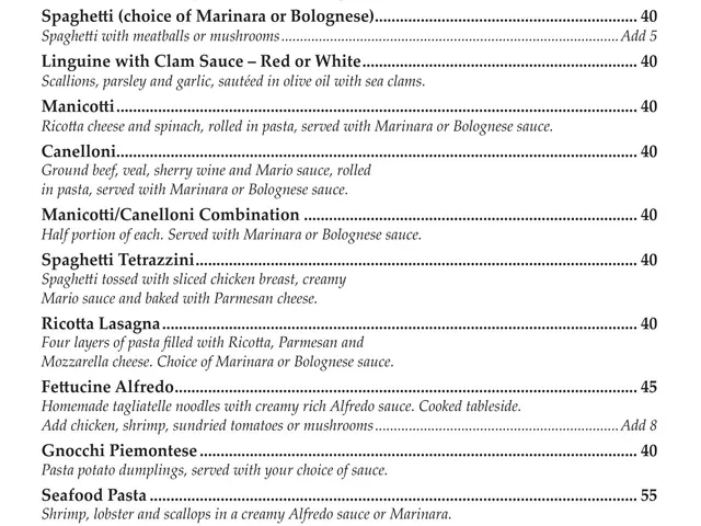 Mario's Northern Italian Cuisine dinner menu page listing pasta entrees with descriptions, sauce choices, add-ons, and prices