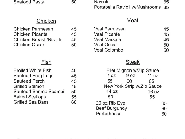 Mario's Northern Italian Cuisine theatre and light-side menu listing pasta, chicken, veal, fish, and steak choices with prices