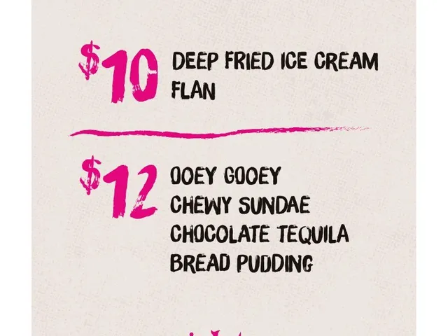 Pink Taco Boston dessert menu listing deep-fried ice cream, flan, Ooey Gooey, Chewy Sundae, chocolate tequila, and bread pudding with prices