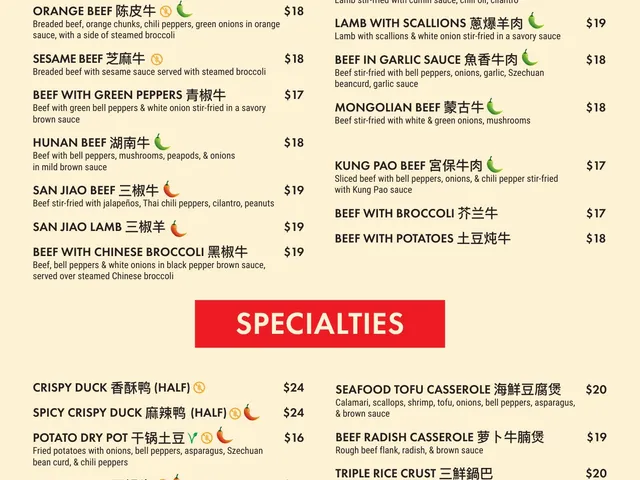 Szechuan Roseville dine-in menu page listing beef, lamb, and specialty dishes with descriptions, Chinese names, spice symbols, and prices