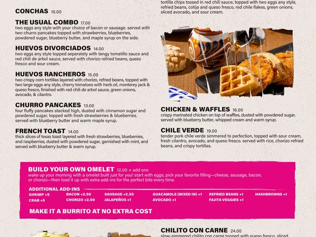 Pink Taco Boston brunch menu page 1 listing brunch dishes, build-your-own omelet fillings, add-ins, sides, descriptions, and prices