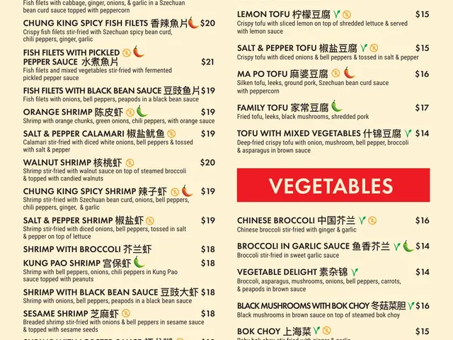 Szechuan Roseville dine-in menu page listing seafood, tofu, and vegetable dishes with descriptions, Chinese names, dietary symbols, and prices