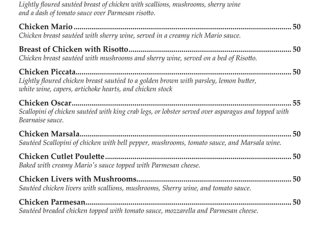 Mario's Northern Italian Cuisine dinner menu page listing poultry entrees with descriptions and prices