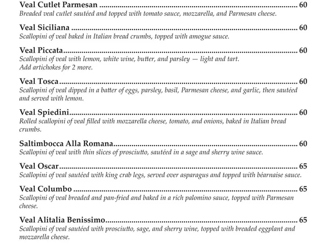 Mario's Northern Italian Cuisine dinner menu page listing veal entrees with descriptions, options, and prices