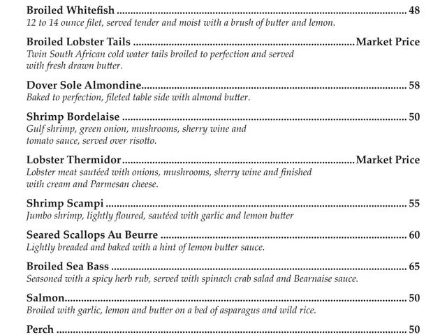 Mario's Northern Italian Cuisine dinner menu page listing seafood entrees with descriptions and prices