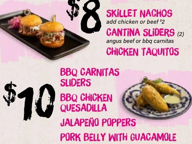Pink Taco Boston happy hour menu listing all food specials by price tier and the weekday bar and lounge schedule