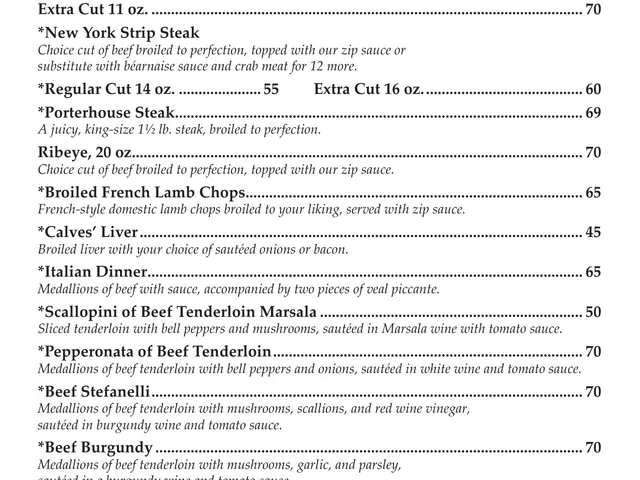 Mario's Northern Italian Cuisine dinner menu page listing beef and lamb entrees with cuts, sizes, descriptions, and prices