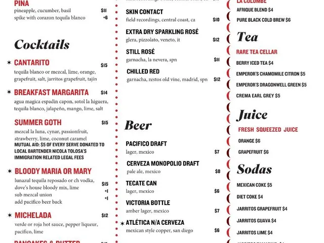 Dove's Luncheonette beverage menu listing aguas frescas, cocktails, wine, beer, coffee, tea, juice, and sodas with descriptions and prices
