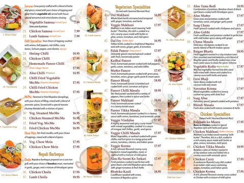 Chicago Curry House carryout menu page listing sections from salads and soups through chicken specialties