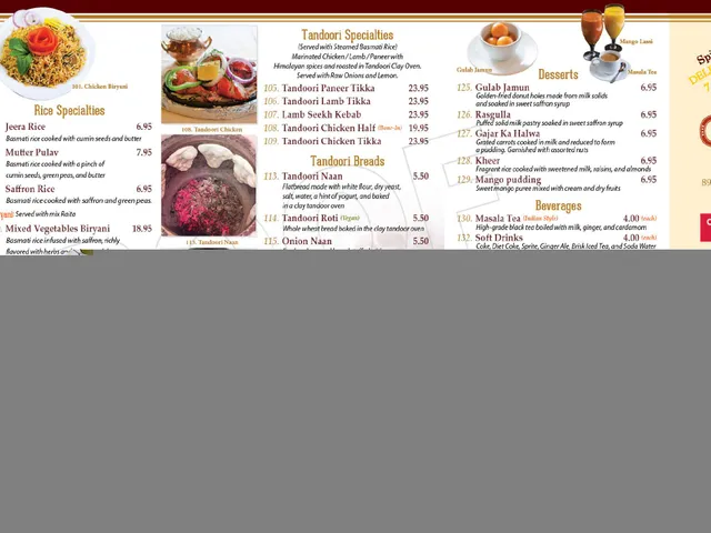 Chicago Curry House carryout menu page listing lamb, seafood, rice, tandoori, bread, dessert, beverage, and all-day dining sections