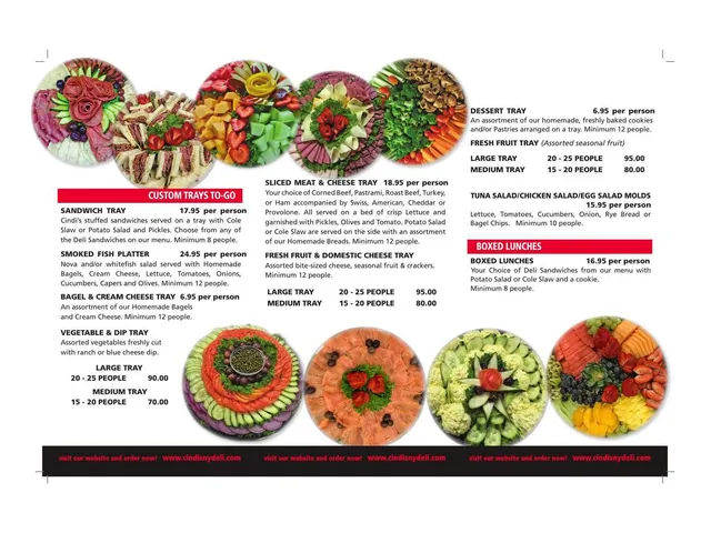 Cindi's complete catering menu page 1 with custom trays and boxed lunches