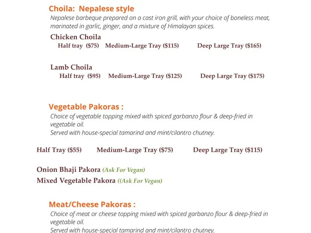 Chicago Curry House catering menu appetizer selections and prices