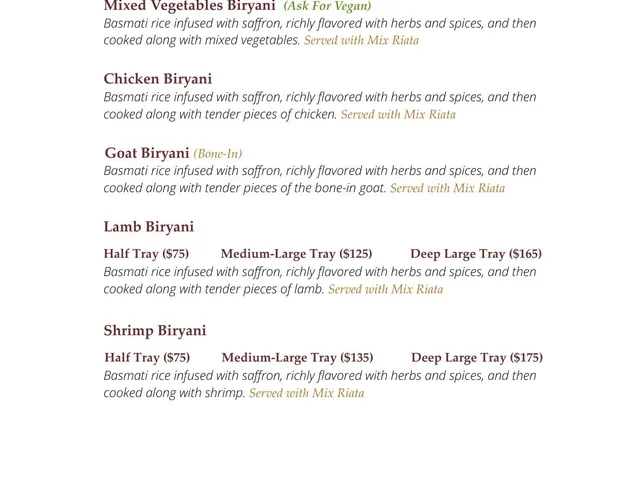 Chicago Curry House catering menu biryani and rice specialties