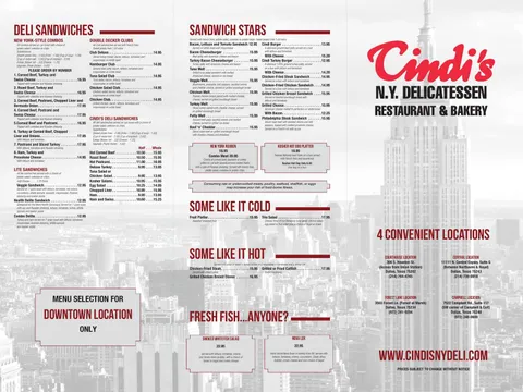 Cindi's complete Downtown menu page 1 with deli sandwiches, hot and cold plates, and fish